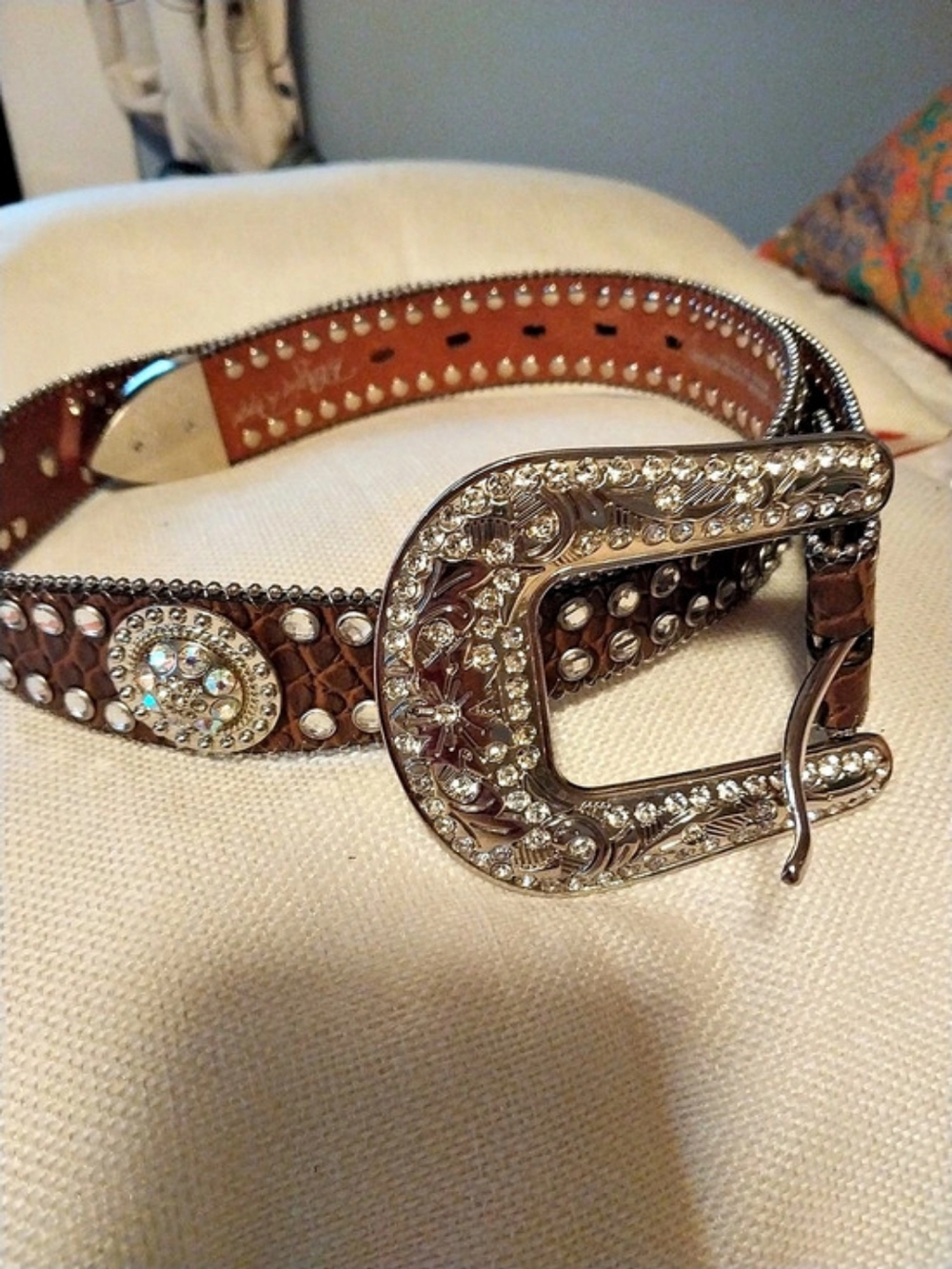 Blazin Roxx Brown Croc Print Rhinestone Western Belt in Brown & Silver